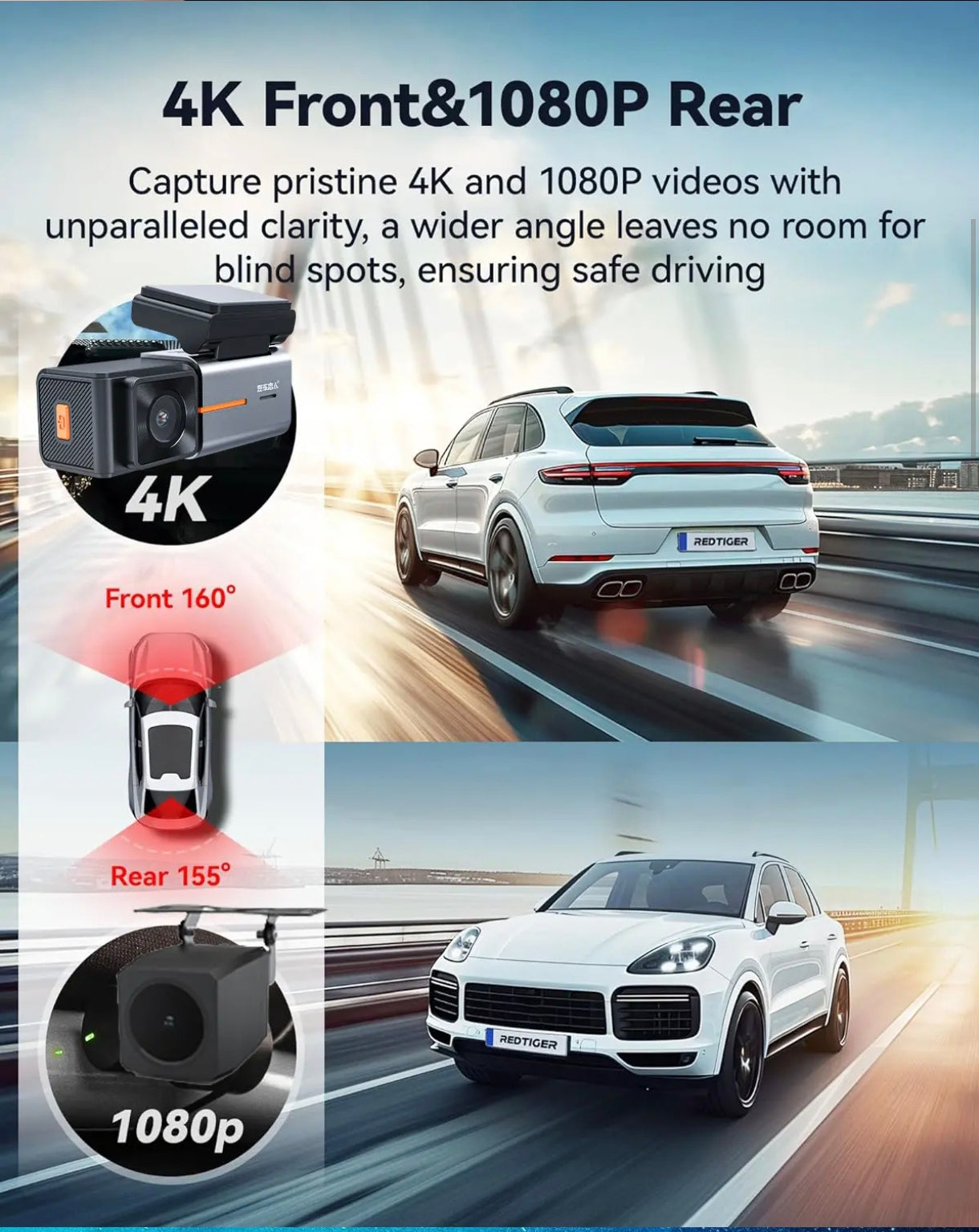 Vehicle Dashcam 4K Ultra HD with 1080p Rear Camera | Night Vision, Parking Mode & Loop Recording