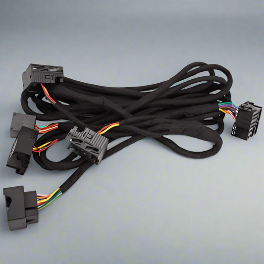 Wiring harness with connectors on a gray background