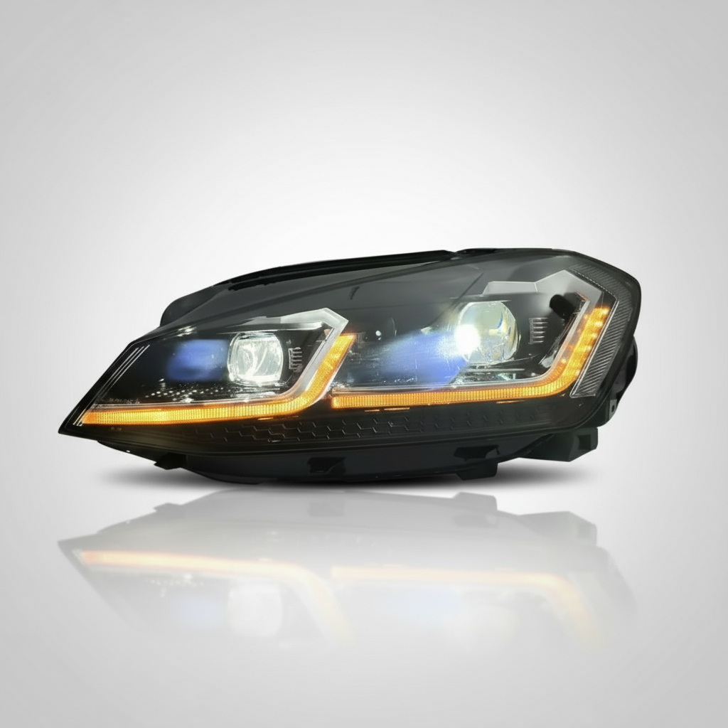 Car headlight with clear lens on a white background